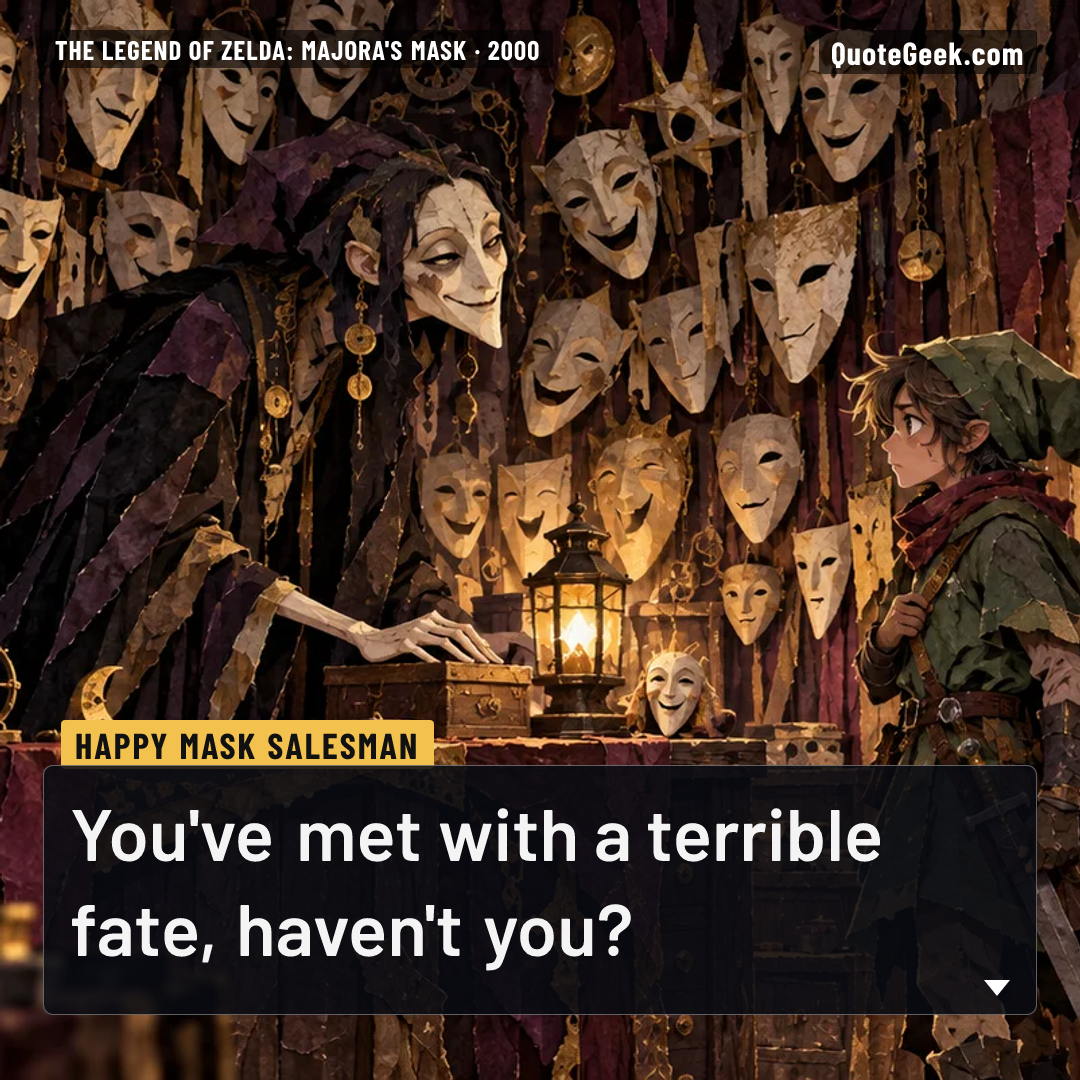“You've met with a terrible fate, haven't you?” — Happy Mask Salesman · The Legend of Zelda: Majora's Mask. Illustrated QuoteGeek card.