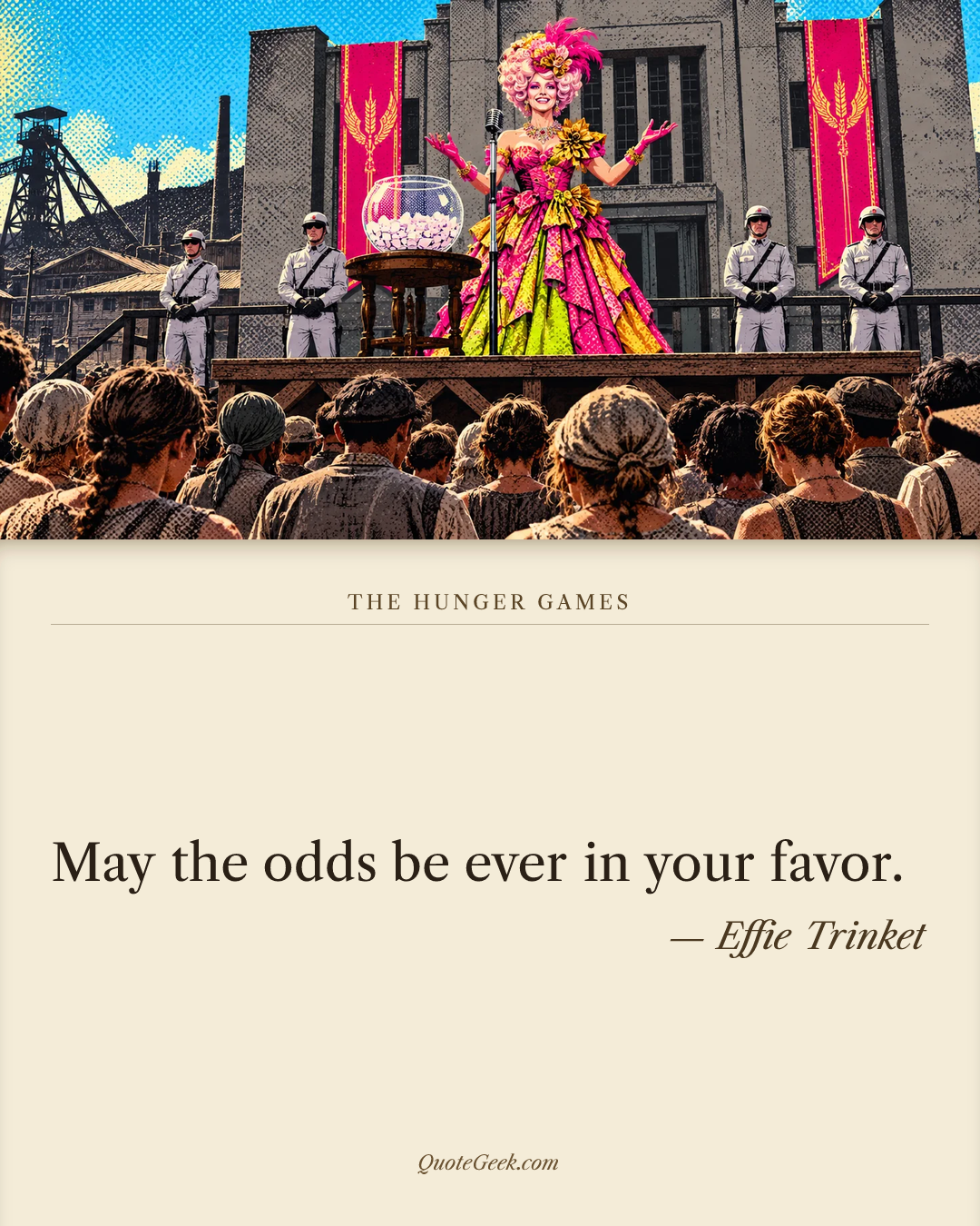 “May the odds be ever in your favor.” — Effie Trinket · The Hunger Games. Illustrated QuoteGeek card.