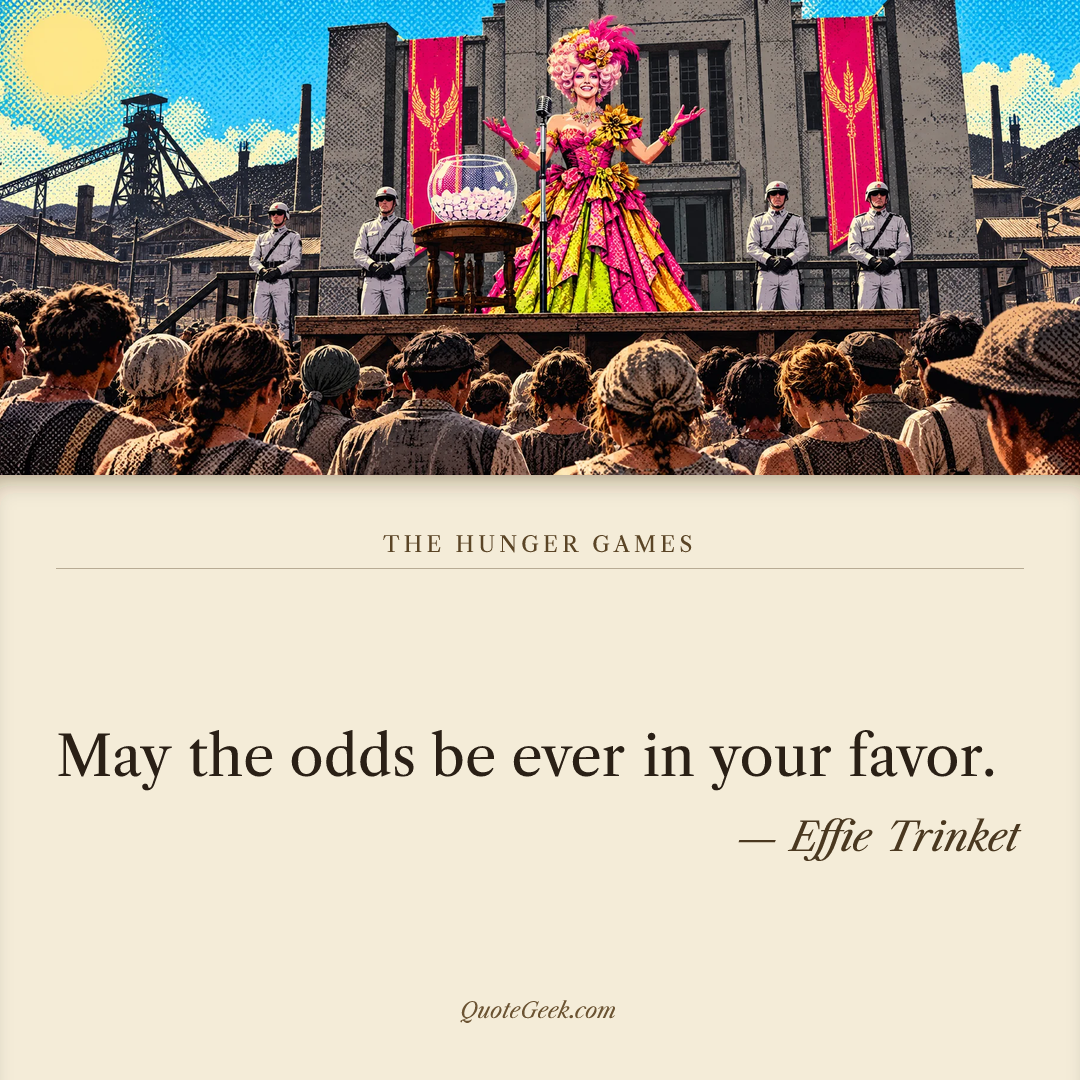 “May the odds be ever in your favor.” — Effie Trinket · The Hunger Games. Illustrated QuoteGeek card.