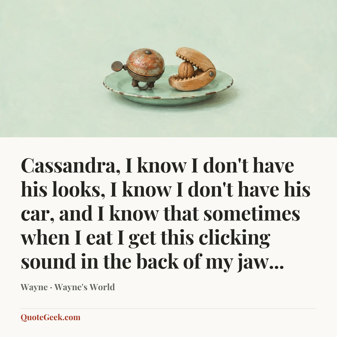 “Cassandra, I know I don't have his looks, I know I don't have his car, and I know that sometimes when I eat I get this clicking sound in the back of my jaw...” — Wayne · Wayne's World. Illustrated QuoteGeek card.