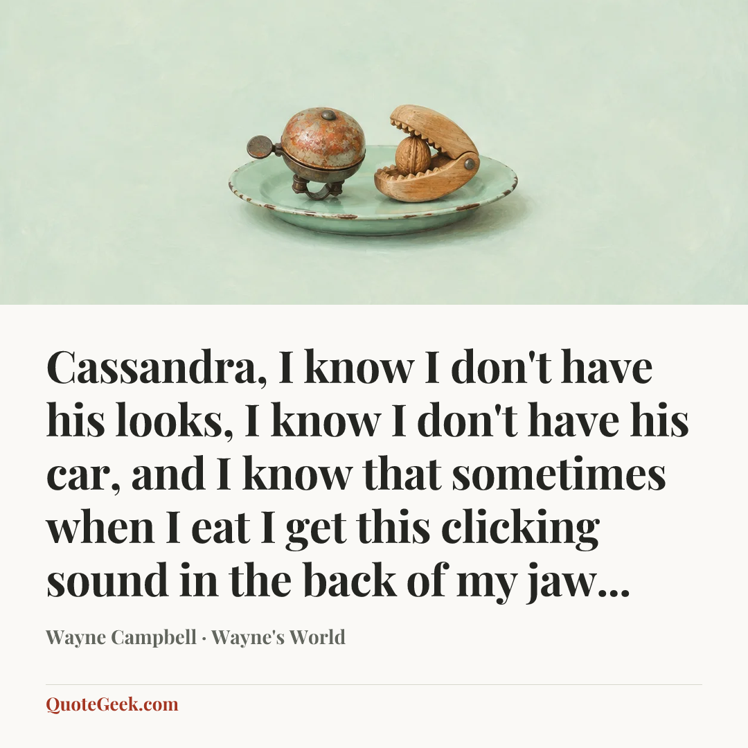 “Cassandra, I know I don't have his looks, I know I don't have his car, and I know that sometimes when I eat I get this clicking sound in the back of my jaw...” — Wayne Campbell · Wayne's World. Illustrated QuoteGeek card.