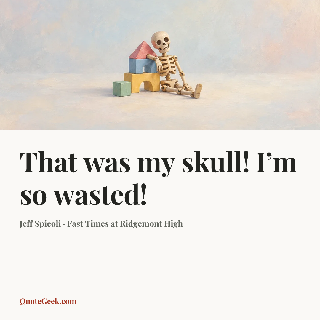 “That was my skull! I’m so wasted!” — Jeff Spicoli · Fast Times at Ridgemont High. Illustrated QuoteGeek card.