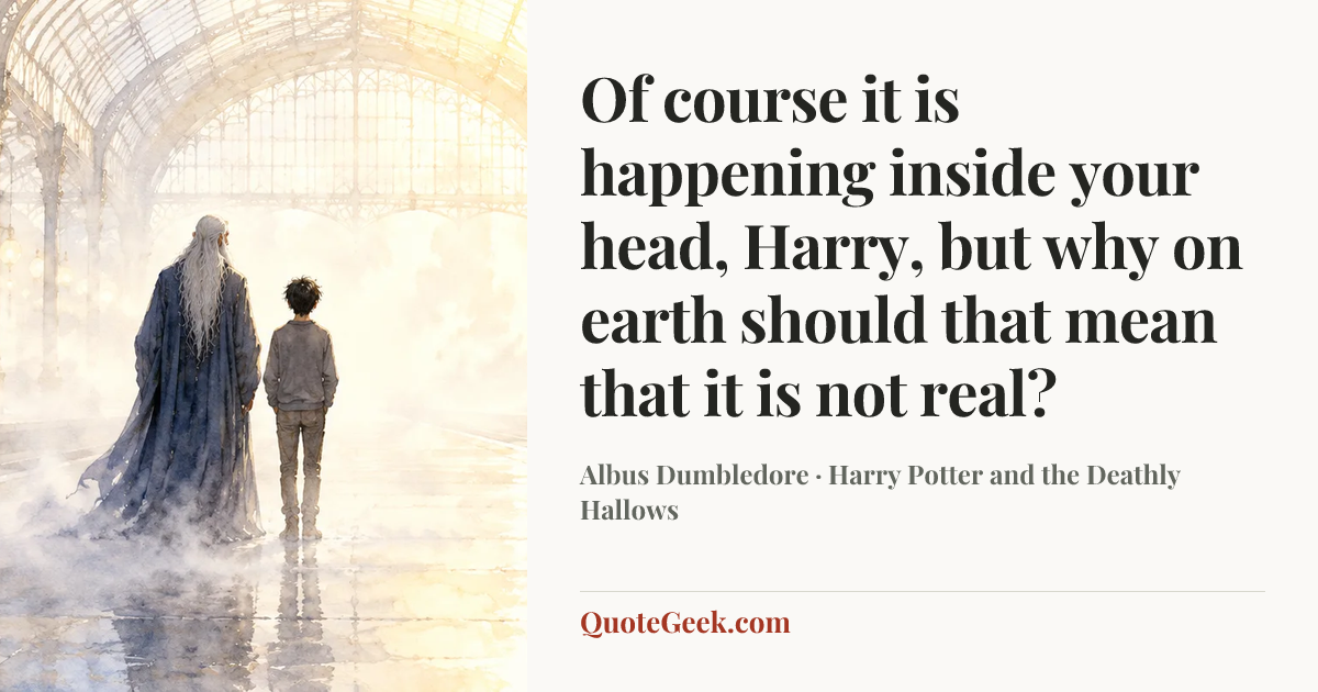 “Of course it is happening inside your head, Harry, but why on earth should that mean that it is not real?” — Albus Dumbledore · Harry Potter and the Deathly Hallows. Illustrated QuoteGeek card.