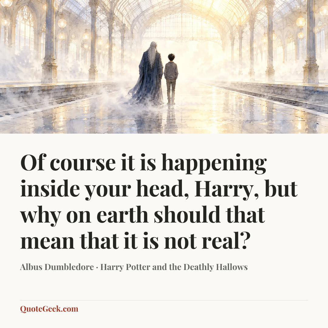 “Of course it is happening inside your head, Harry, but why on earth should that mean that it is not real?” — Albus Dumbledore · Harry Potter and the Deathly Hallows. Illustrated QuoteGeek card.