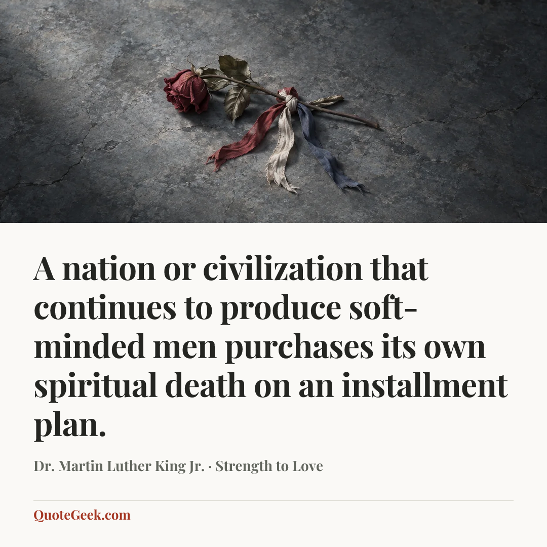 “A nation or civilization that continues to produce soft-minded men purchases its own spiritual death on an installment plan.” — Dr. Martin Luther King Jr. · Strength to Love. Illustrated QuoteGeek card.