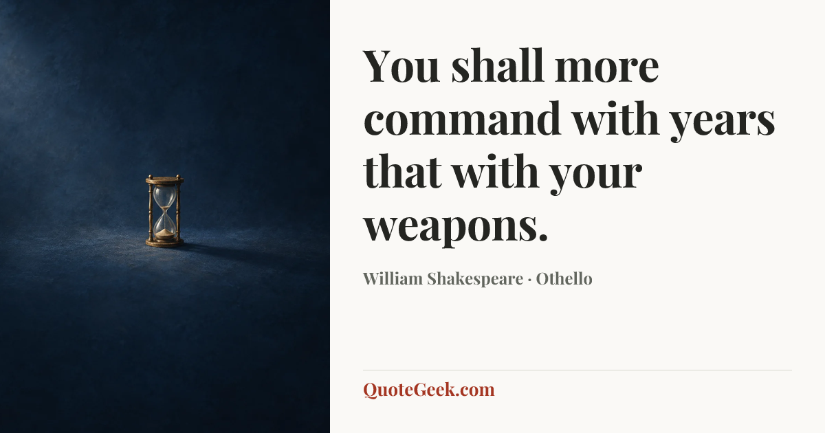“You shall more command with years that with your weapons.” — William Shakespeare · Othello. Illustrated QuoteGeek card.