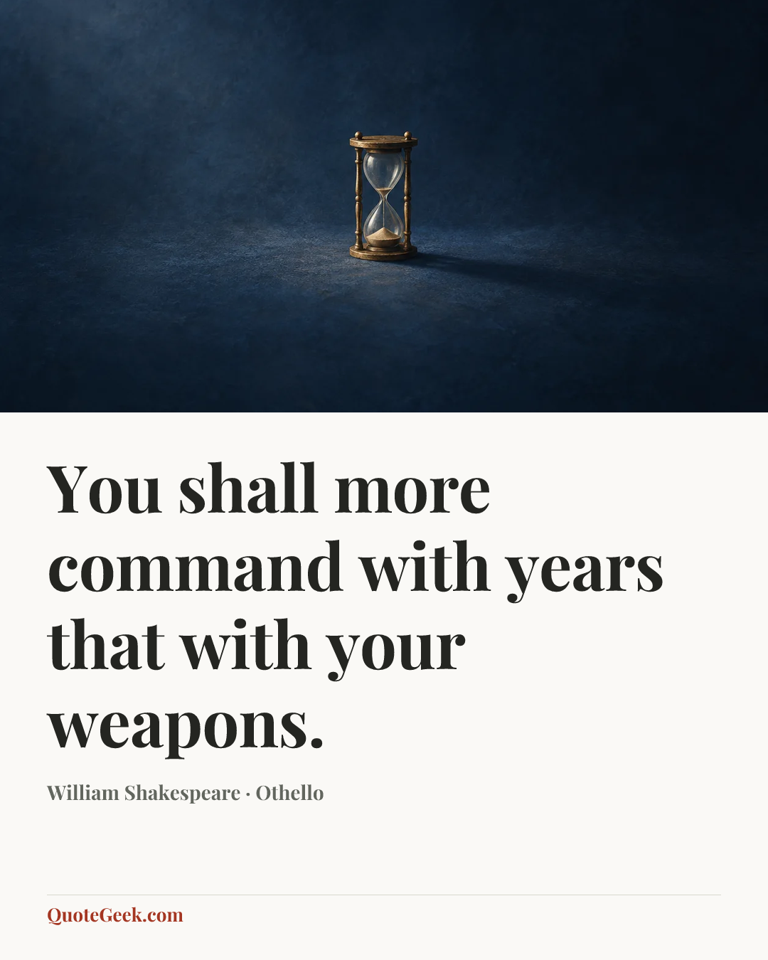 “You shall more command with years that with your weapons.” — William Shakespeare · Othello. Illustrated QuoteGeek card.