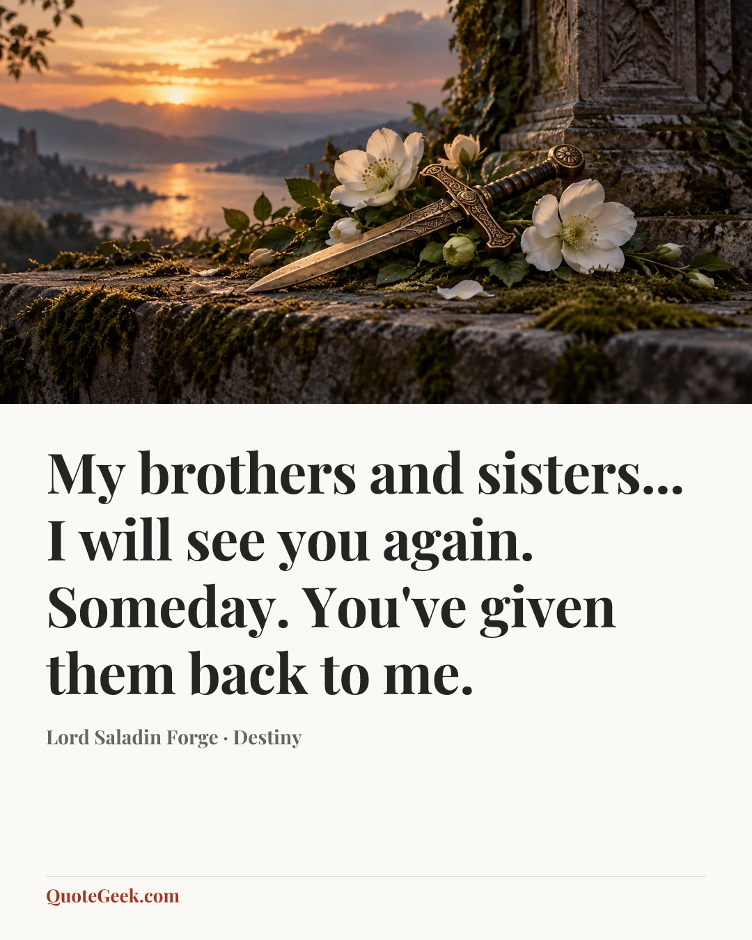 “My brothers and sisters... I will see you again. Someday. You've given them back to me.” — Lord Saladin Forge · Destiny. Illustrated QuoteGeek card.