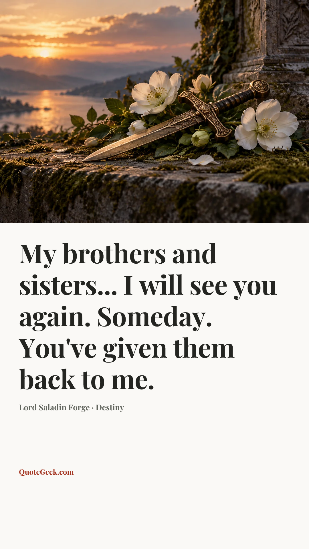 “My brothers and sisters... I will see you again. Someday. You've given them back to me.” — Lord Saladin Forge · Destiny. Illustrated QuoteGeek card.