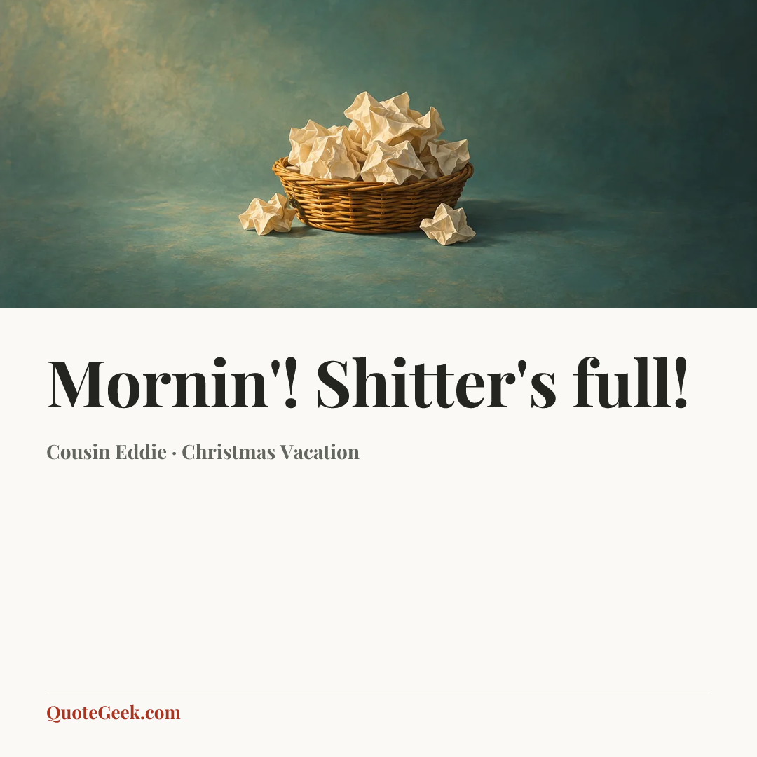 “Mornin'! Shitter's full!” — Cousin Eddie · Christmas Vacation. Illustrated QuoteGeek card.
