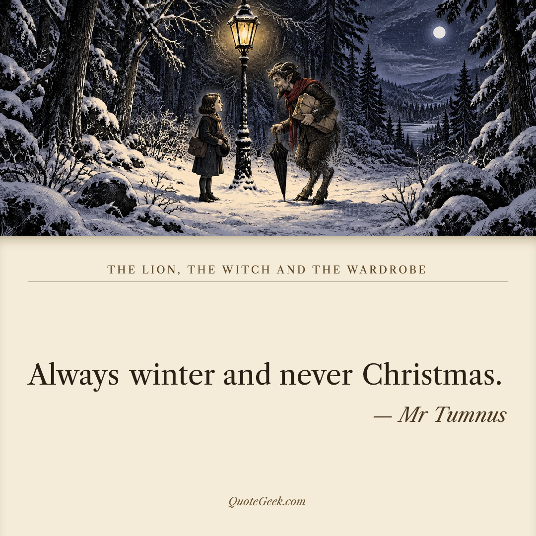 “Always winter and never Christmas.” — Mr Tumnus · The Lion, the Witch and the Wardrobe. Illustrated QuoteGeek card.