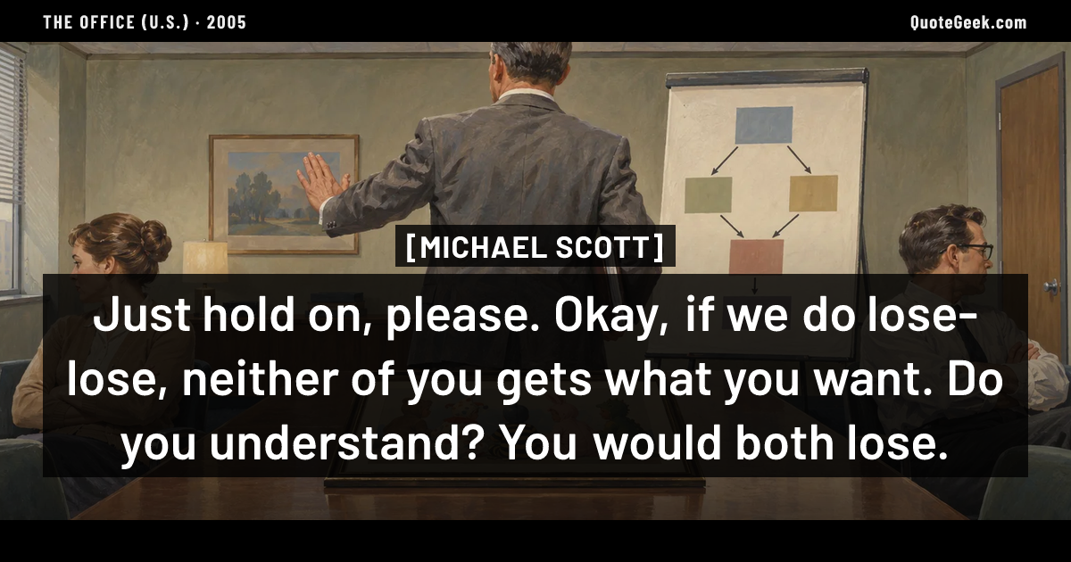 “Just hold on, please. Okay, if we do lose-lose, neither of you gets what you want. Do you understand? You would both lose.” — Michael Scott · The Office (U.S.). Illustrated QuoteGeek card.