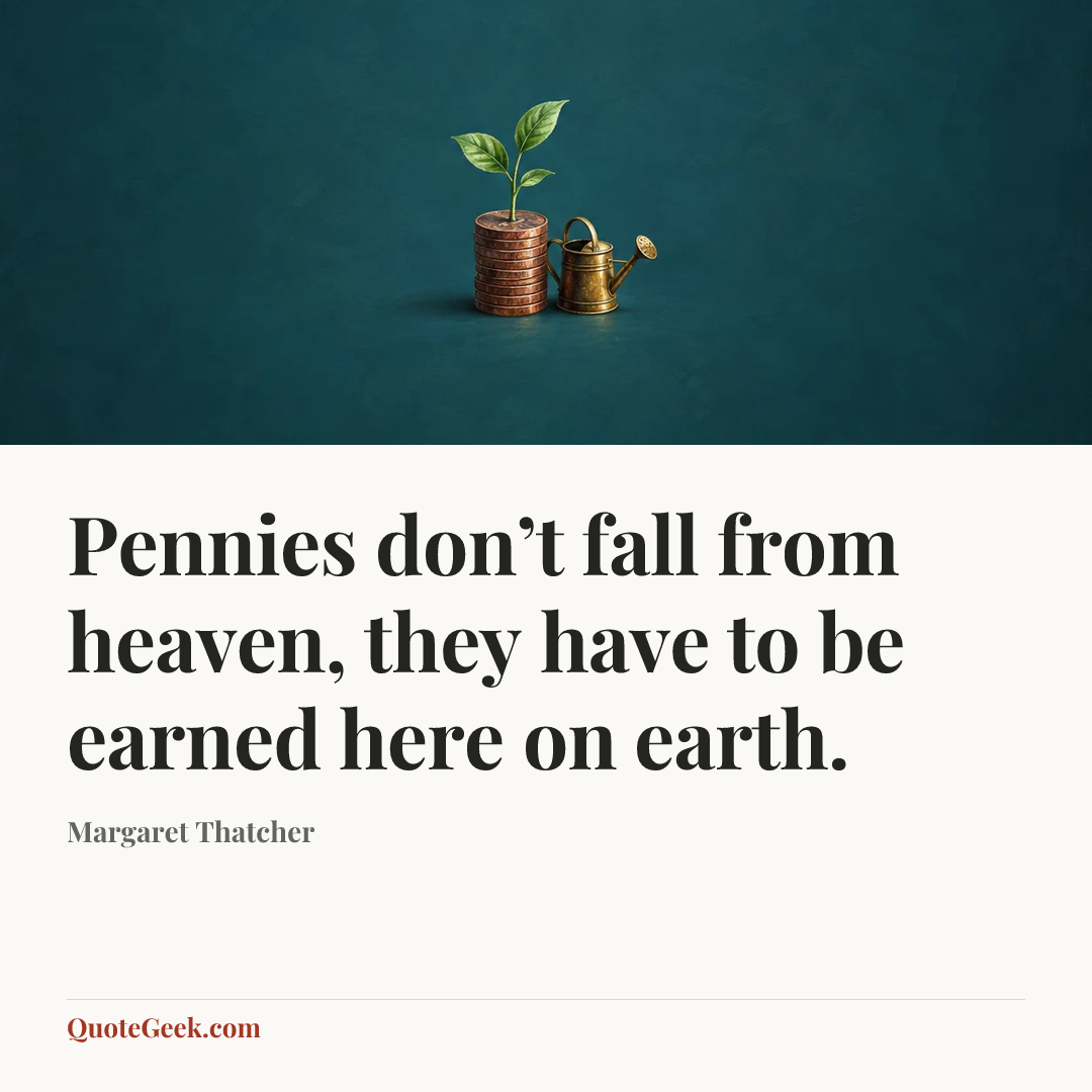 “Pennies don’t fall from heaven, they have to be earned here on earth.” — Margaret Thatcher. Illustrated QuoteGeek card.