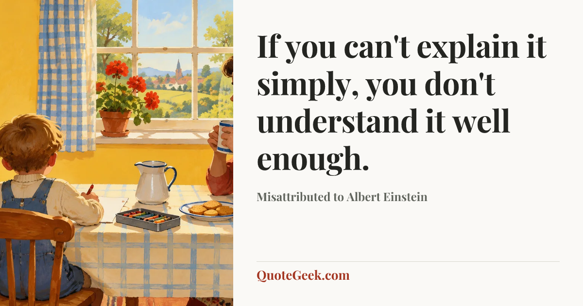“If you can't explain it simply, you don't understand it well enough.” — Misattributed to Albert Einstein. Illustrated QuoteGeek card.