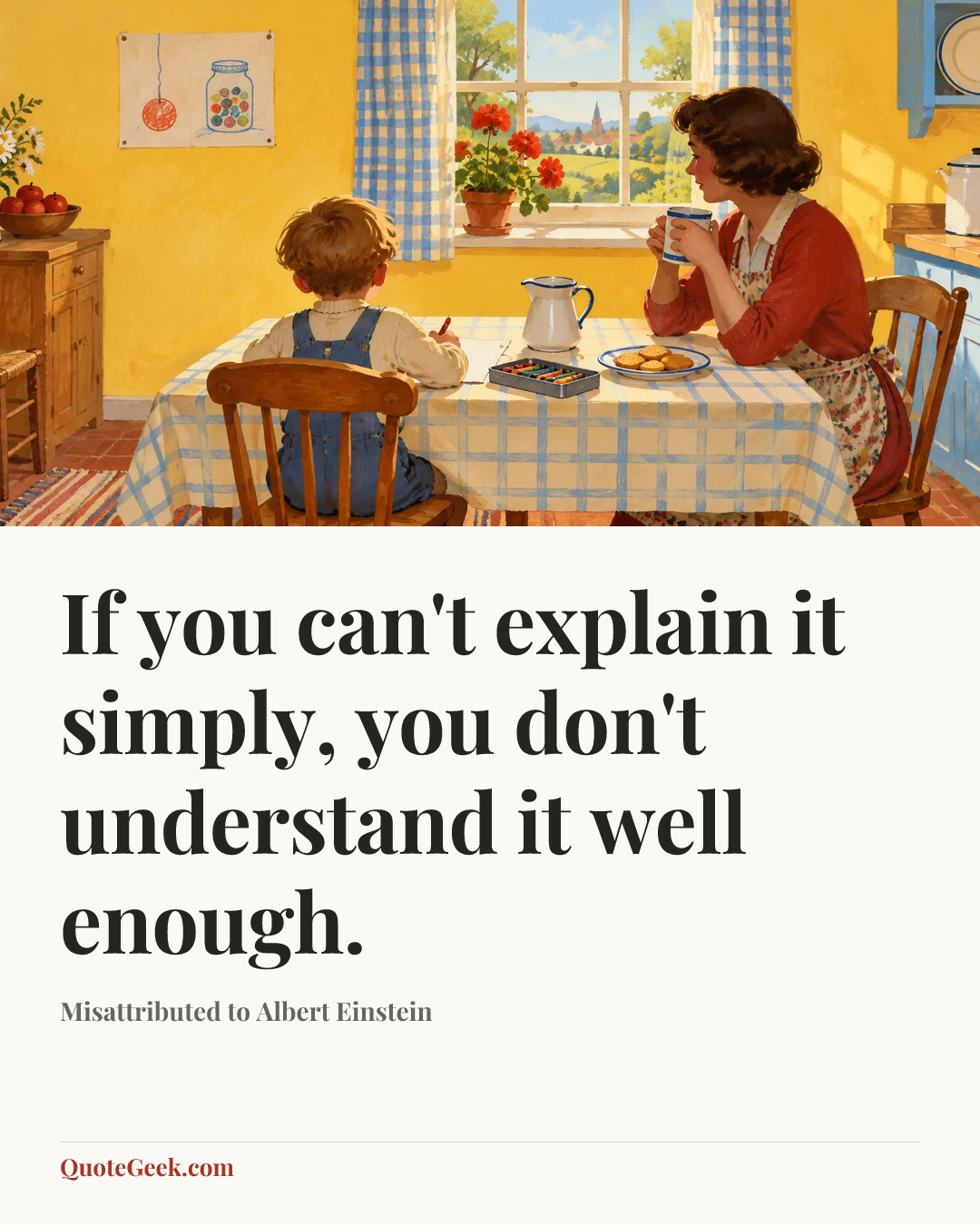 “If you can't explain it simply, you don't understand it well enough.” — Misattributed to Albert Einstein. Illustrated QuoteGeek card.