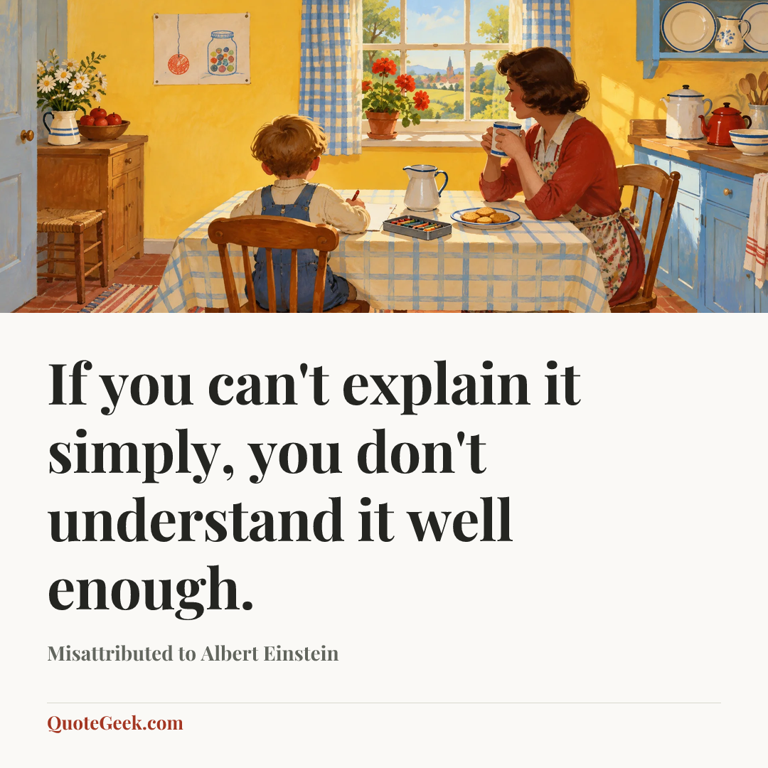 “If you can't explain it simply, you don't understand it well enough.” — Misattributed to Albert Einstein. Illustrated QuoteGeek card.