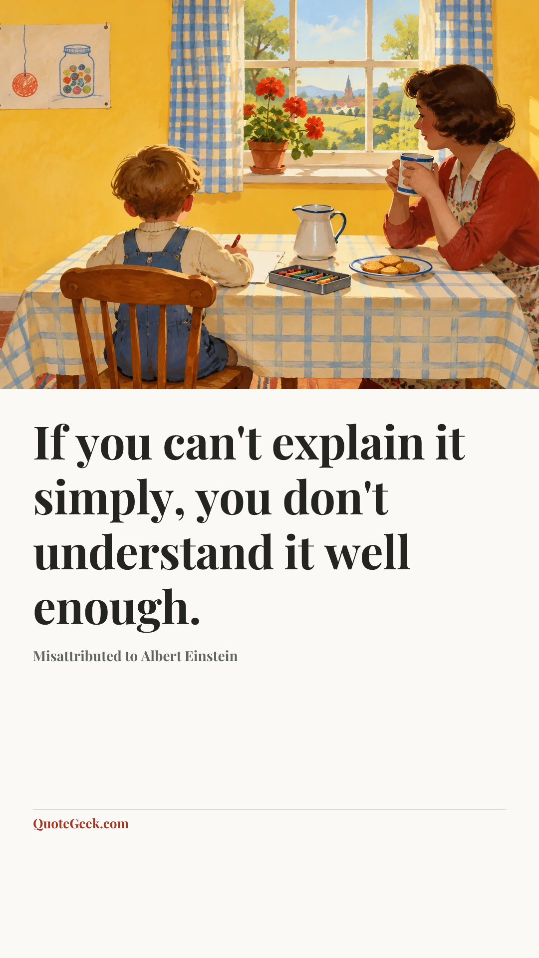 “If you can't explain it simply, you don't understand it well enough.” — Misattributed to Albert Einstein. Illustrated QuoteGeek card.