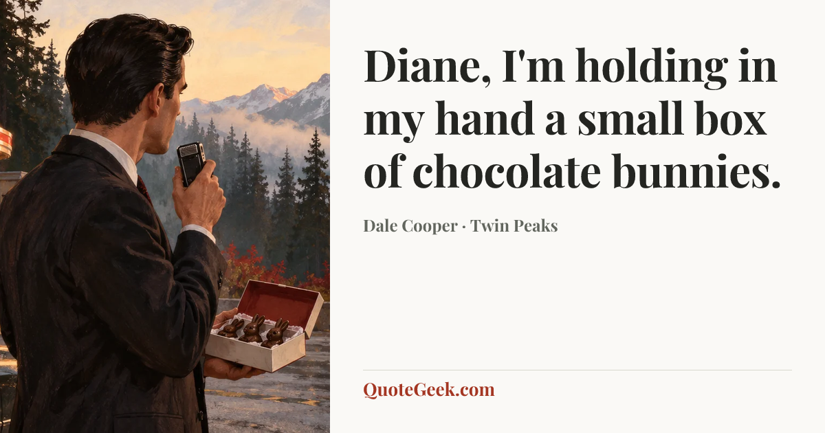 “Diane, I'm holding in my hand a small box of chocolate bunnies.” — Dale Cooper · Twin Peaks. Illustrated QuoteGeek card.