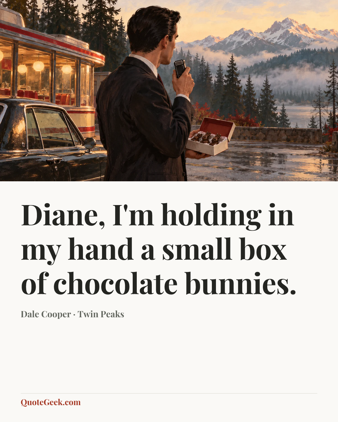 “Diane, I'm holding in my hand a small box of chocolate bunnies.” — Dale Cooper · Twin Peaks. Illustrated QuoteGeek card.