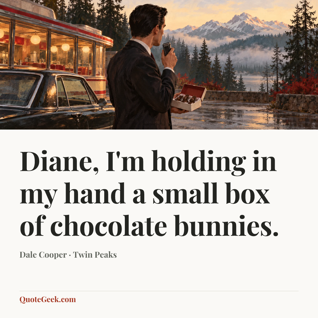 “Diane, I'm holding in my hand a small box of chocolate bunnies.” — Dale Cooper · Twin Peaks. Illustrated QuoteGeek card.