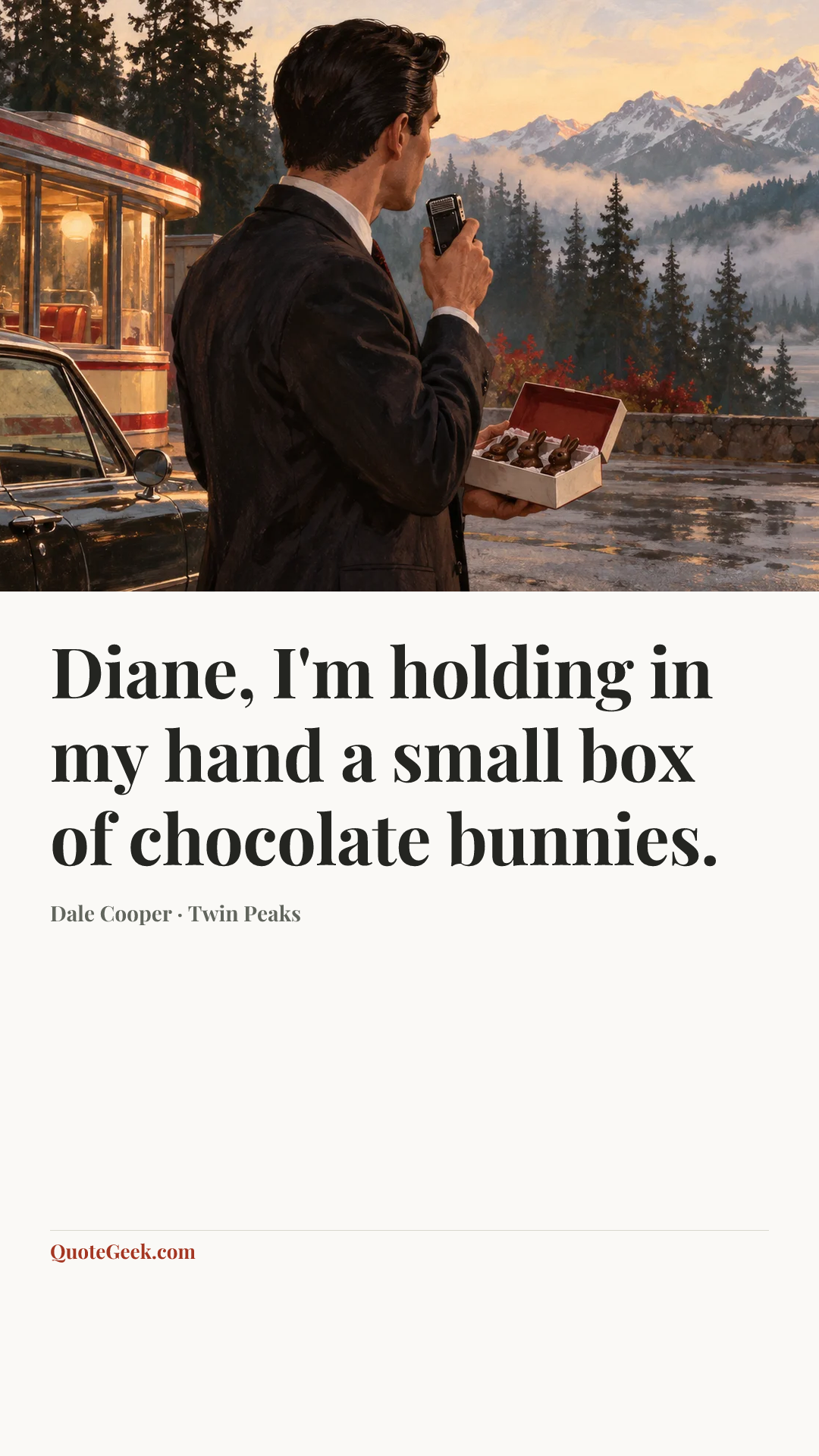 “Diane, I'm holding in my hand a small box of chocolate bunnies.” — Dale Cooper · Twin Peaks. Illustrated QuoteGeek card.