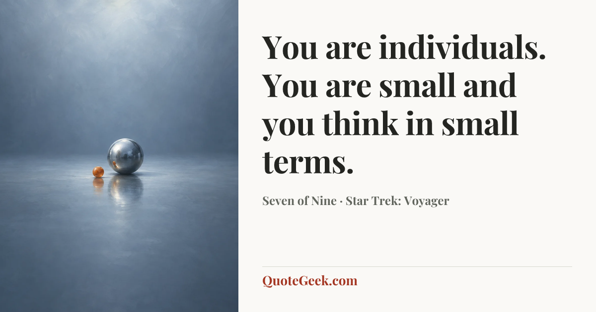 “You are individuals. You are small and you think in small terms.” — Seven of Nine · Star Trek: Voyager. Illustrated QuoteGeek card.