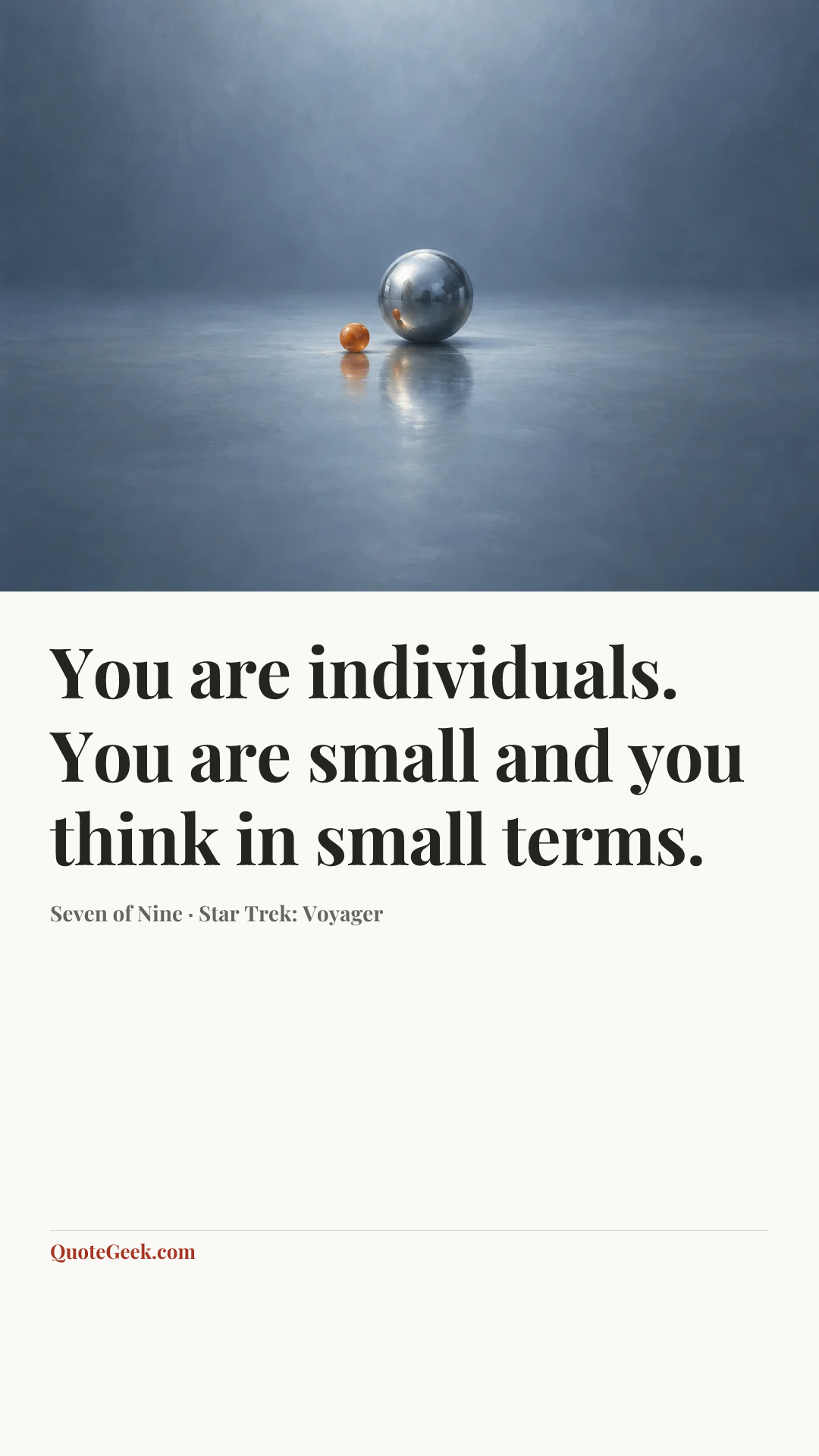 “You are individuals. You are small and you think in small terms.” — Seven of Nine · Star Trek: Voyager. Illustrated QuoteGeek card.