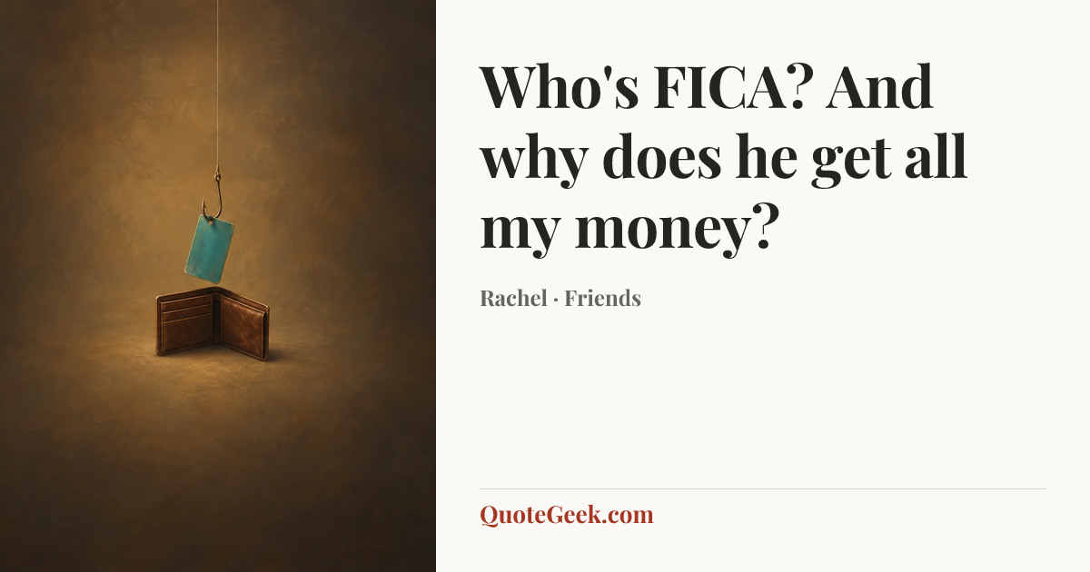 “Who's FICA? And why does he get all my money?” — Rachel · Friends. Illustrated QuoteGeek card.