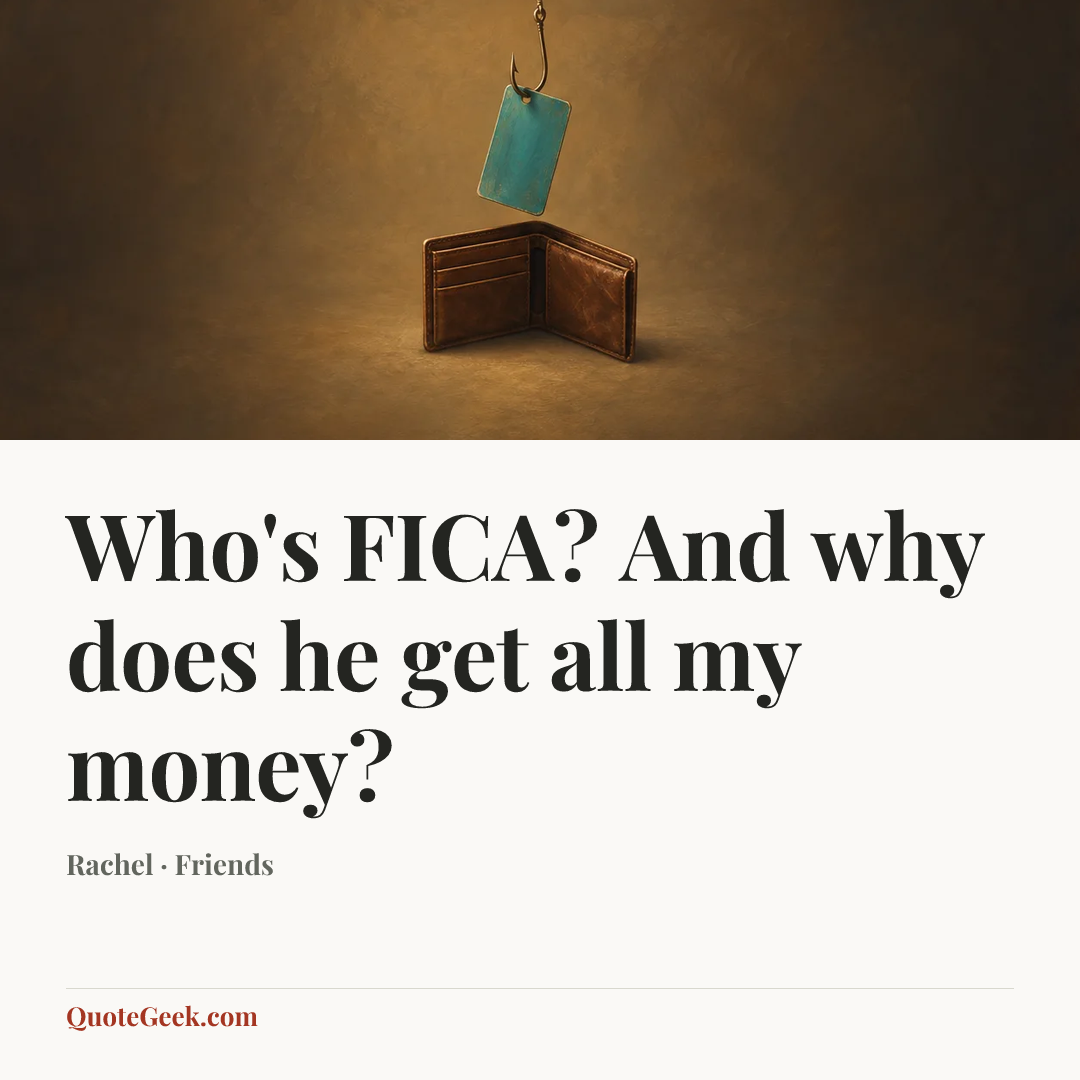 “Who's FICA? And why does he get all my money?” — Rachel · Friends. Illustrated QuoteGeek card.