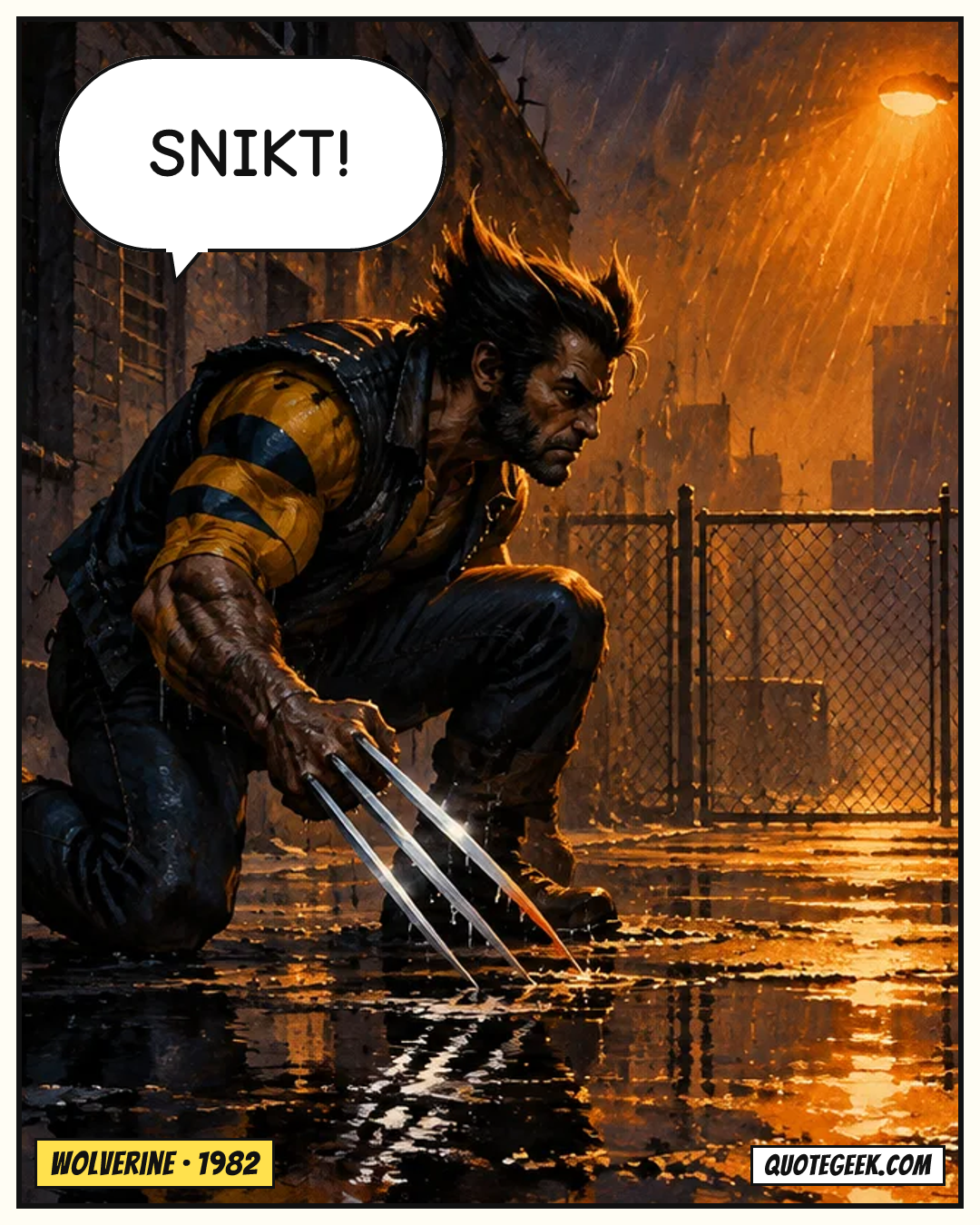 “Snikt!” — Wolverine · Wolverine. Illustrated QuoteGeek card.