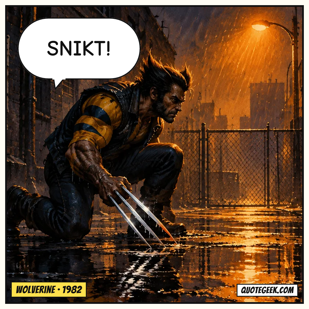 “Snikt!” — Wolverine · Wolverine. Illustrated QuoteGeek card.