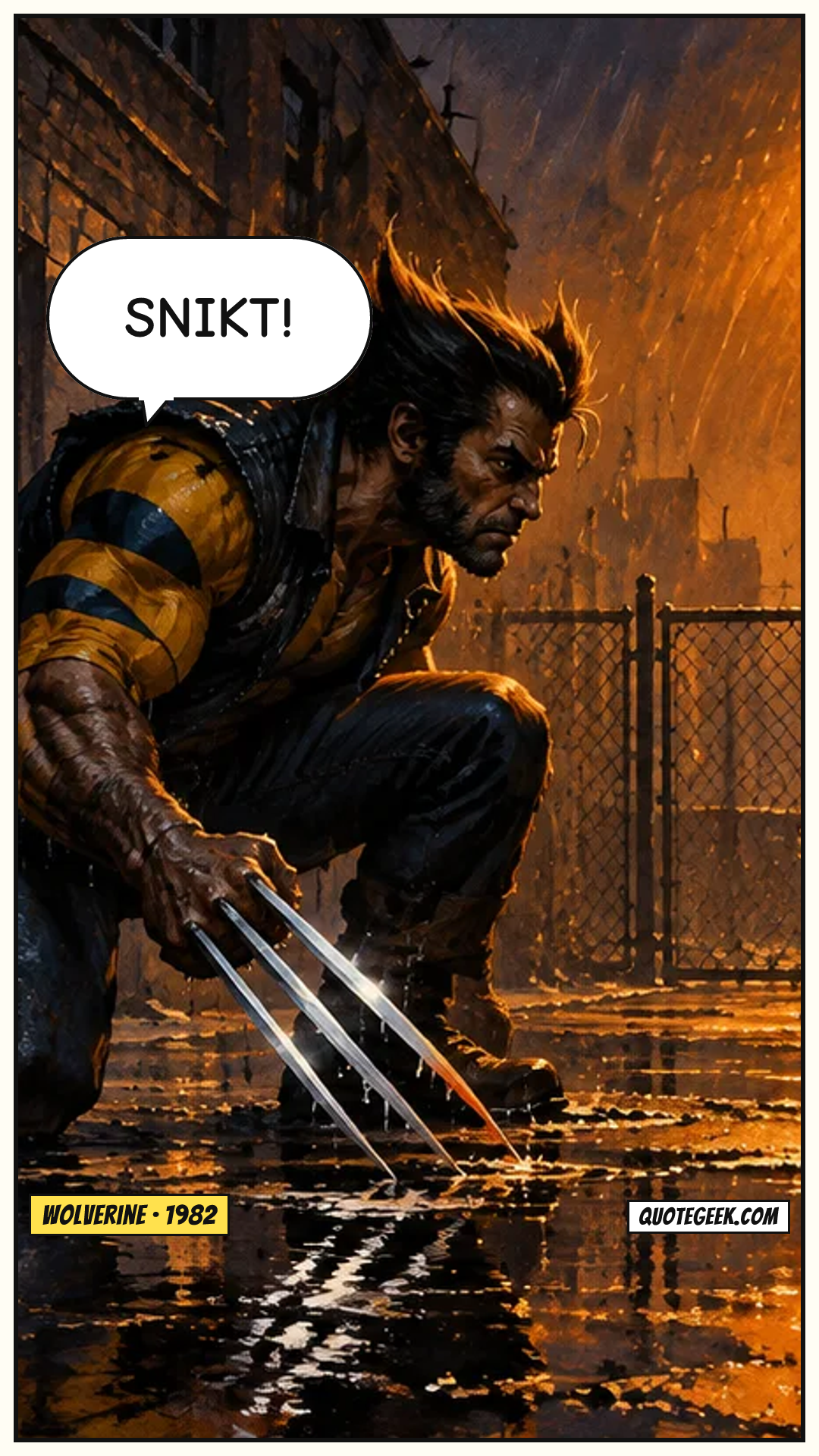 “Snikt!” — Wolverine · Wolverine. Illustrated QuoteGeek card.