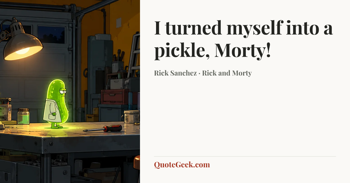 “I turned myself into a pickle, Morty!” — Rick Sanchez · Rick and Morty. Illustrated QuoteGeek card.