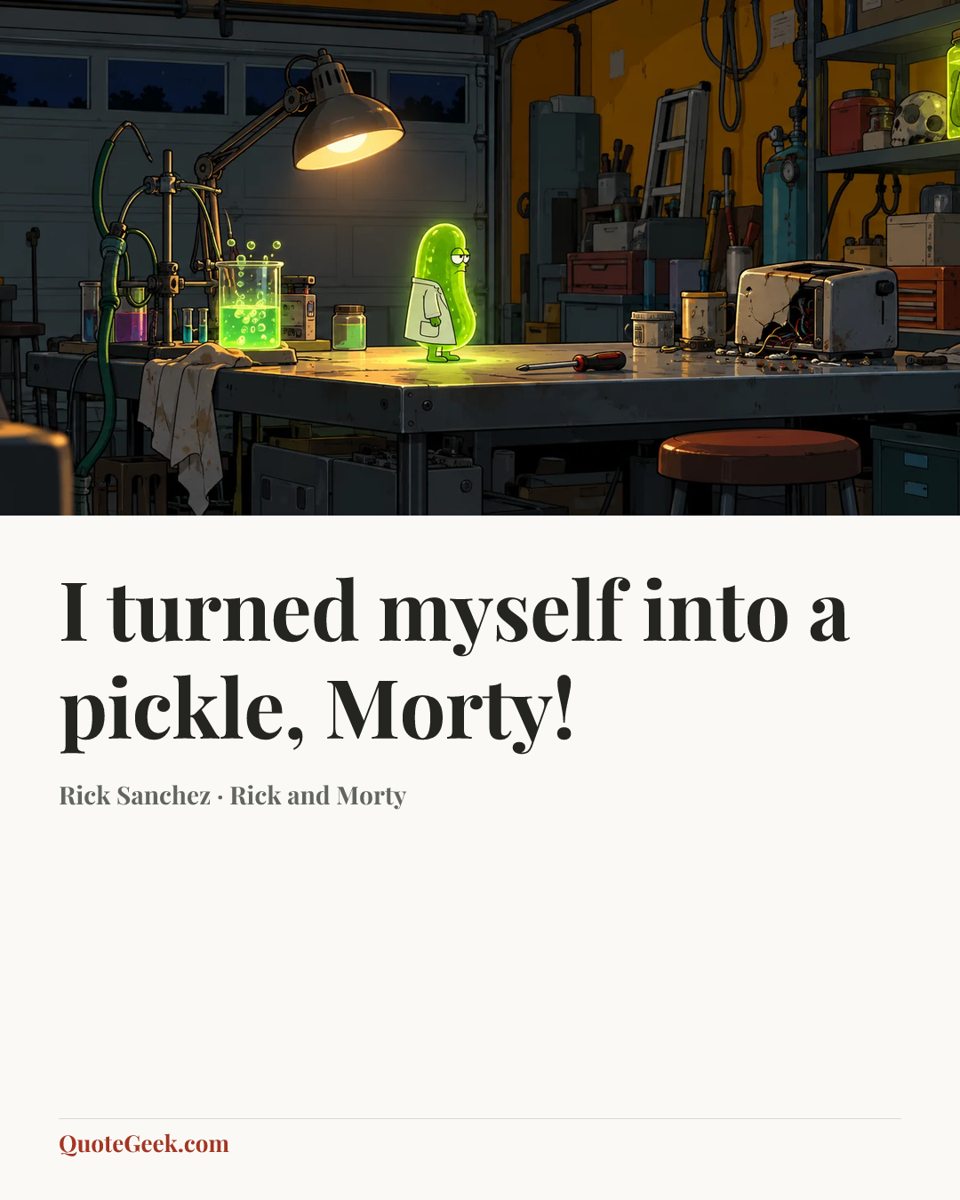“I turned myself into a pickle, Morty!” — Rick Sanchez · Rick and Morty. Illustrated QuoteGeek card.
