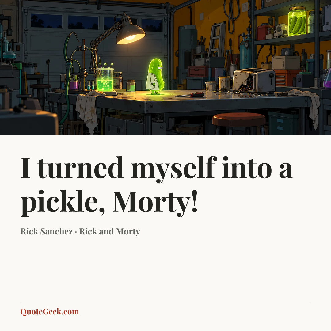“I turned myself into a pickle, Morty!” — Rick Sanchez · Rick and Morty. Illustrated QuoteGeek card.