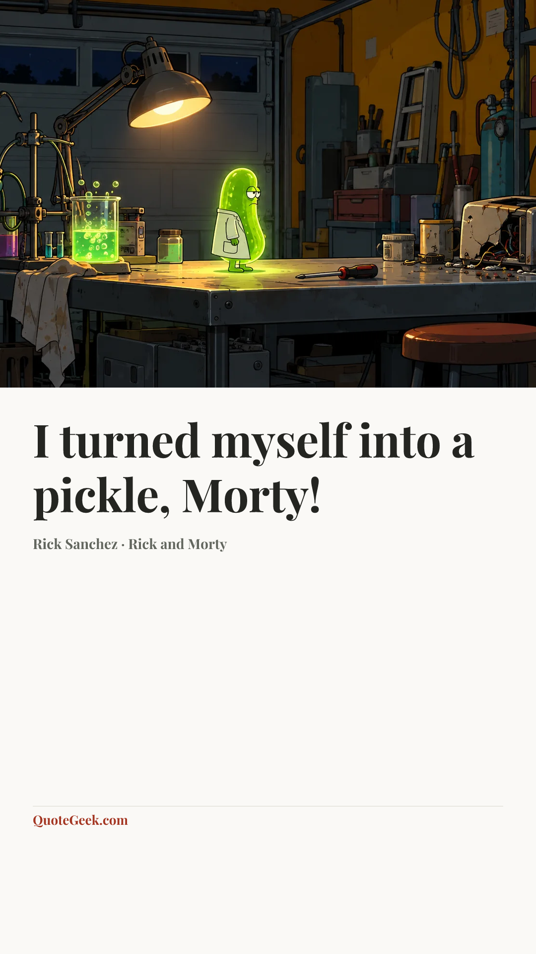 “I turned myself into a pickle, Morty!” — Rick Sanchez · Rick and Morty. Illustrated QuoteGeek card.