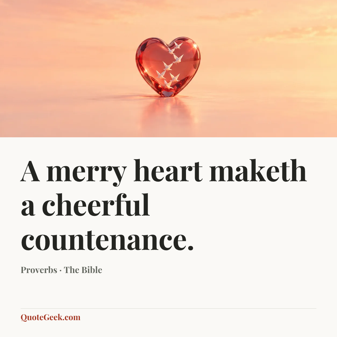 “A merry heart maketh a cheerful countenance.” — Proverbs · The Bible. Illustrated QuoteGeek card.