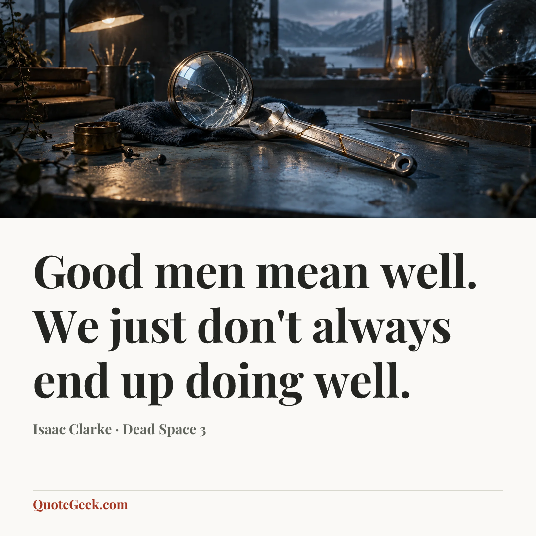 “Good men mean well. We just don't always end up doing well.” — Isaac Clarke · Dead Space 3. Illustrated QuoteGeek card.