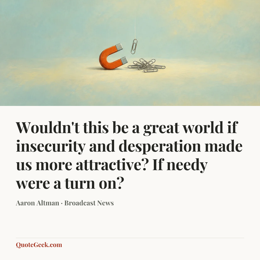 “Wouldn't this be a great world if insecurity and desperation made us more attractive? If needy were a turn on?” — Aaron Altman · Broadcast News. Illustrated QuoteGeek card.