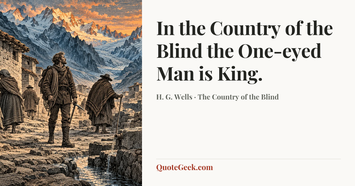 “In the Country of the Blind the One-eyed Man is King.” — H. G. Wells · The Country of the Blind. Illustrated QuoteGeek card.