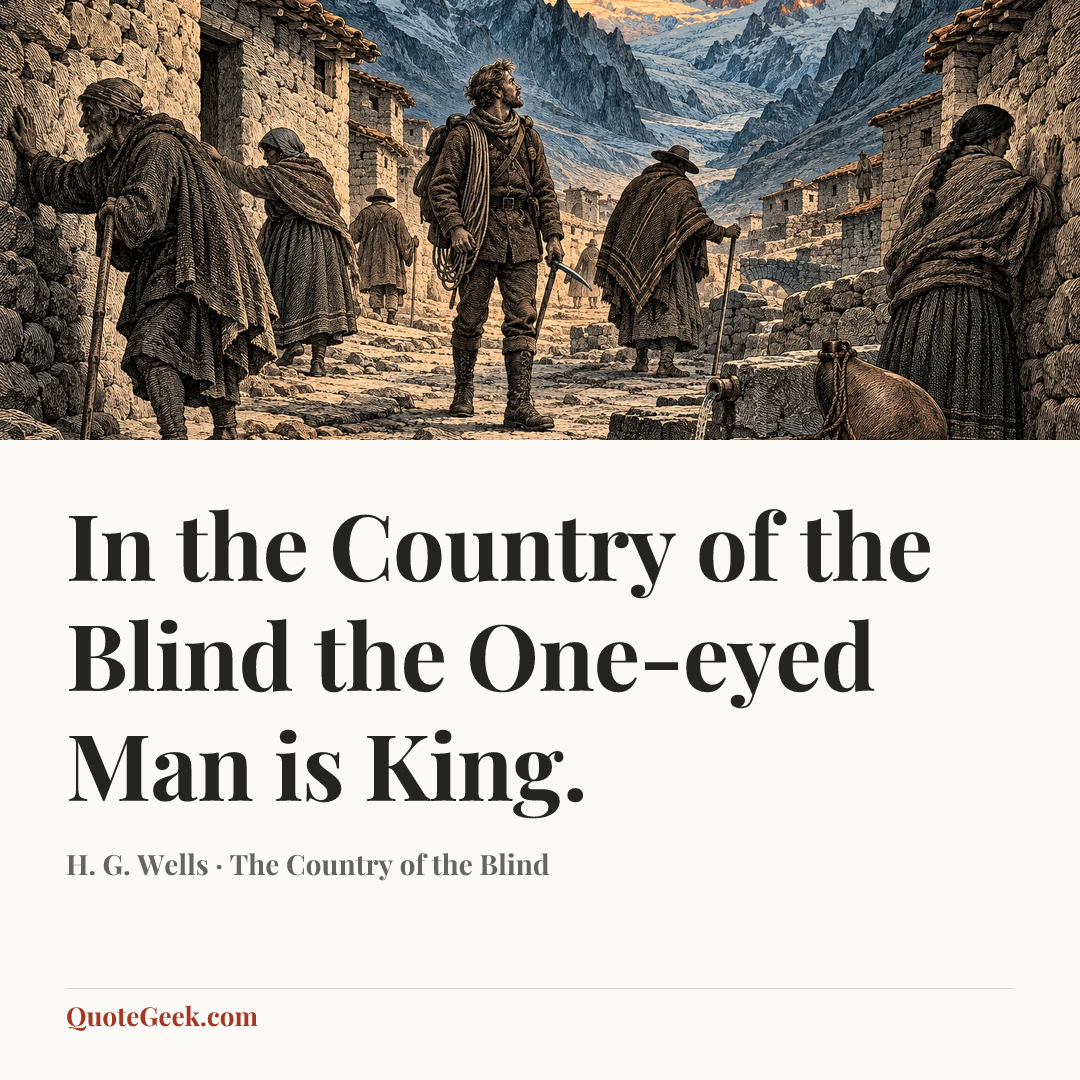“In the Country of the Blind the One-eyed Man is King.” — H. G. Wells · The Country of the Blind. Illustrated QuoteGeek card.