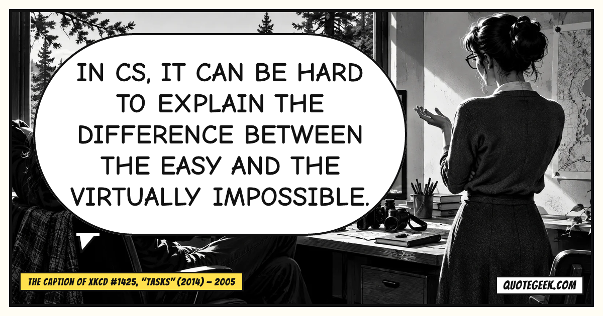 “In CS, it can be hard to explain the difference between the easy and the virtually impossible.” — The caption of xkcd #1425, "Tasks" (2014) · xkcd. Illustrated QuoteGeek card.