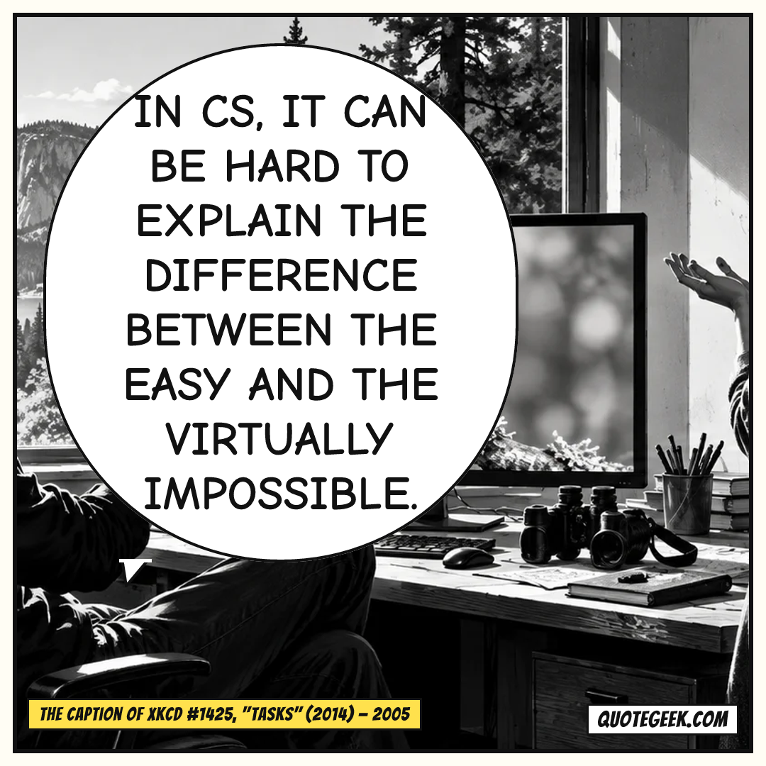 “In CS, it can be hard to explain the difference between the easy and the virtually impossible.” — The caption of xkcd #1425, "Tasks" (2014) · xkcd. Illustrated QuoteGeek card.