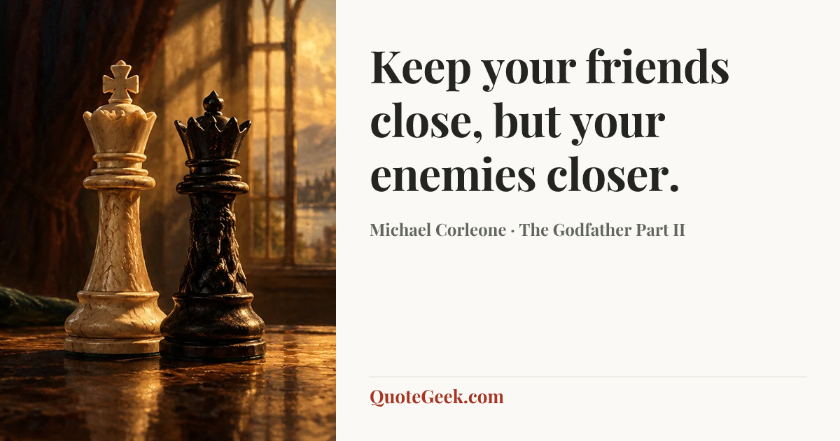 “Keep your friends close, but your enemies closer.” — Michael Corleone · The Godfather Part II. Illustrated QuoteGeek card.