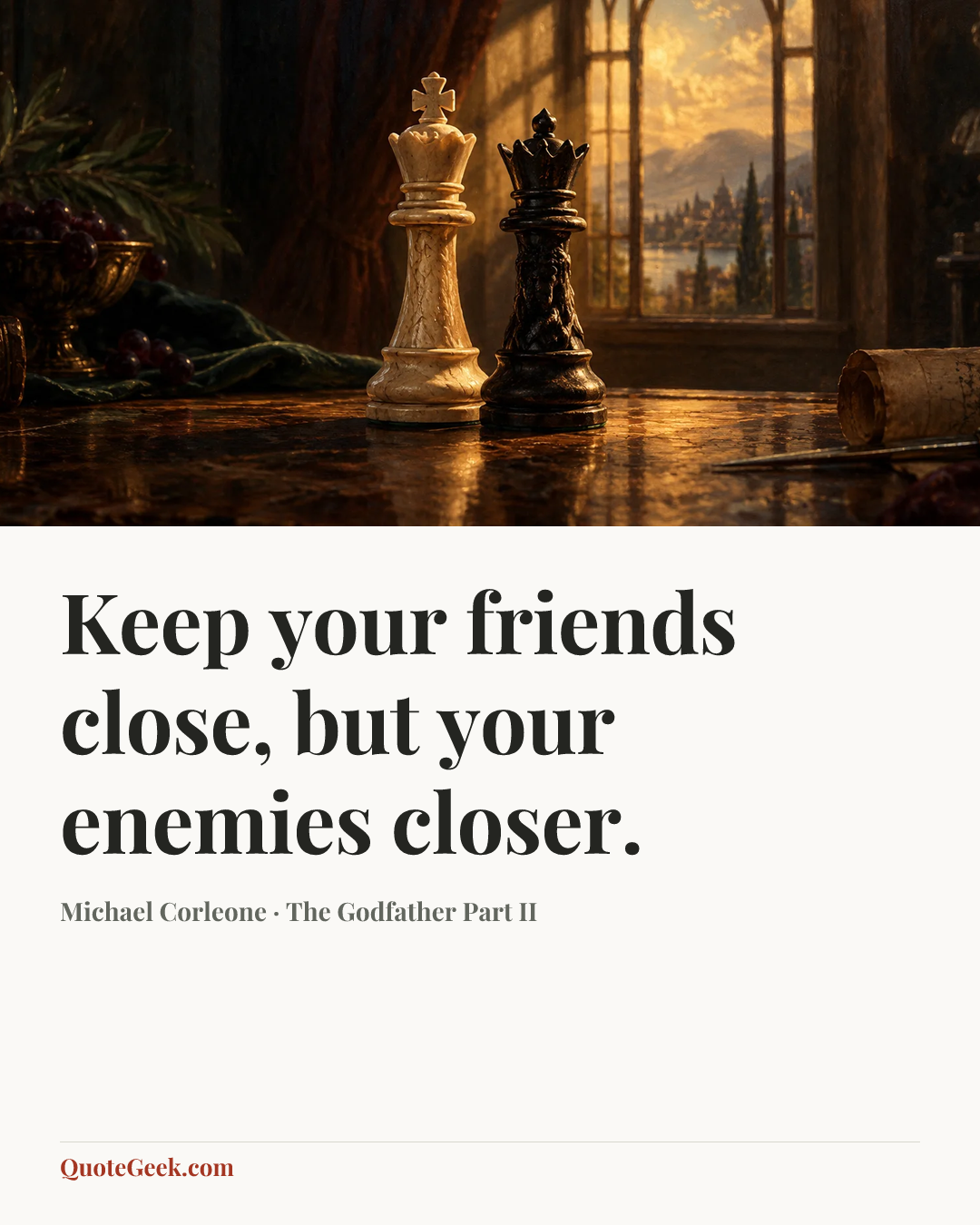 “Keep your friends close, but your enemies closer.” — Michael Corleone · The Godfather Part II. Illustrated QuoteGeek card.