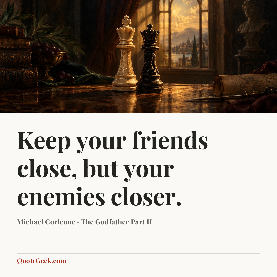 “Keep your friends close, but your enemies closer.” — Michael Corleone · The Godfather Part II. Illustrated QuoteGeek card.