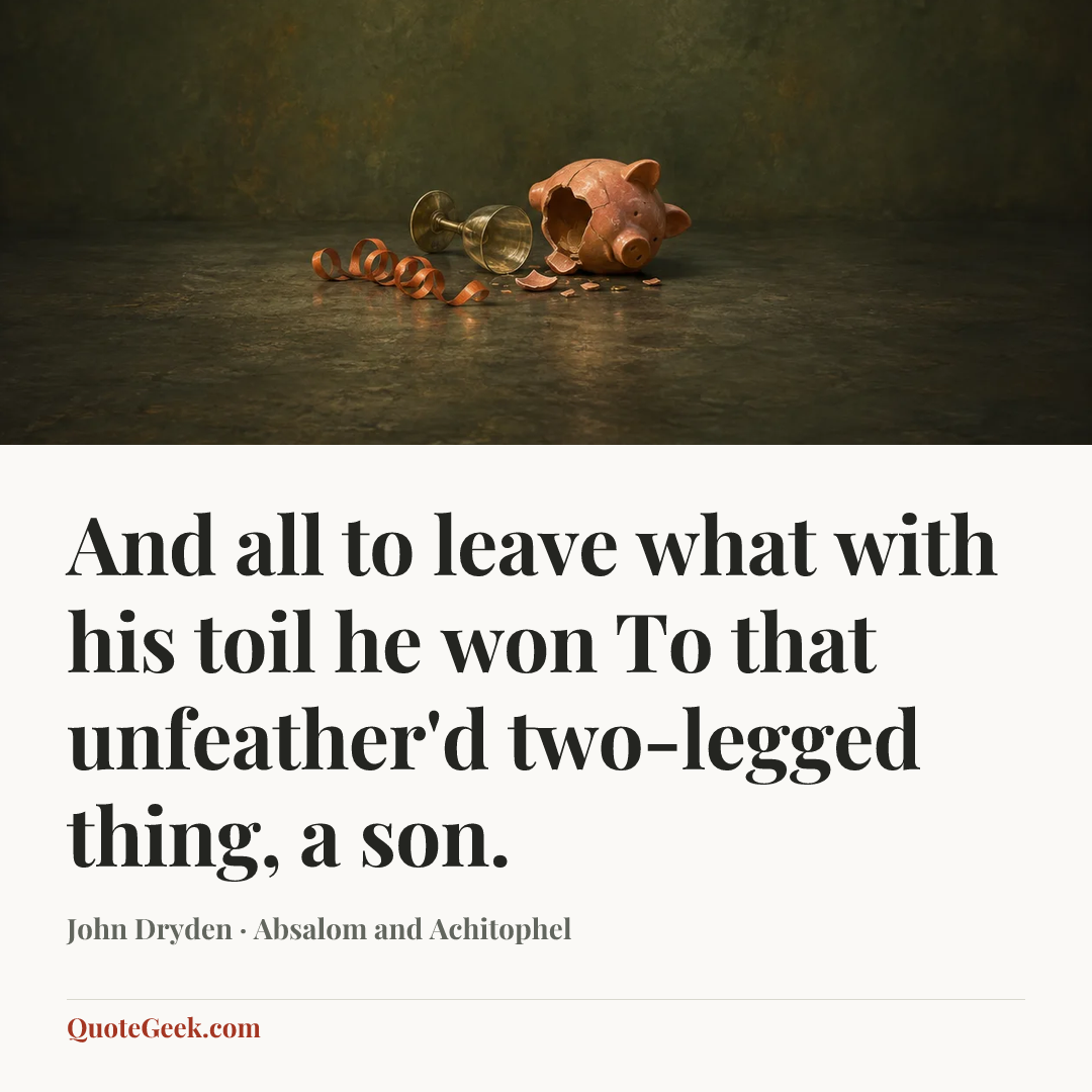 “And all to leave what with his toil he won
To that unfeather'd two-legged thing, a son.” — John Dryden · Absalom and Achitophel. Illustrated QuoteGeek card.
