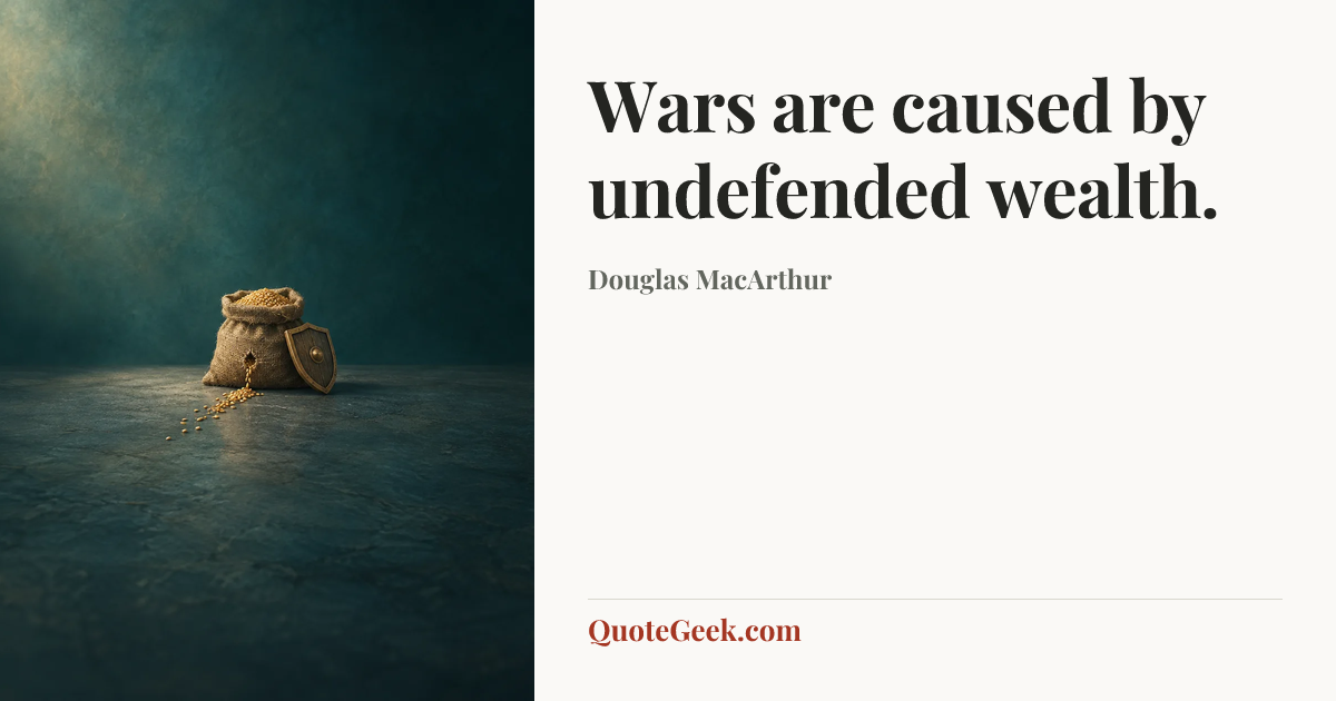 “Wars are caused by undefended wealth.” — Douglas MacArthur. Illustrated QuoteGeek card.