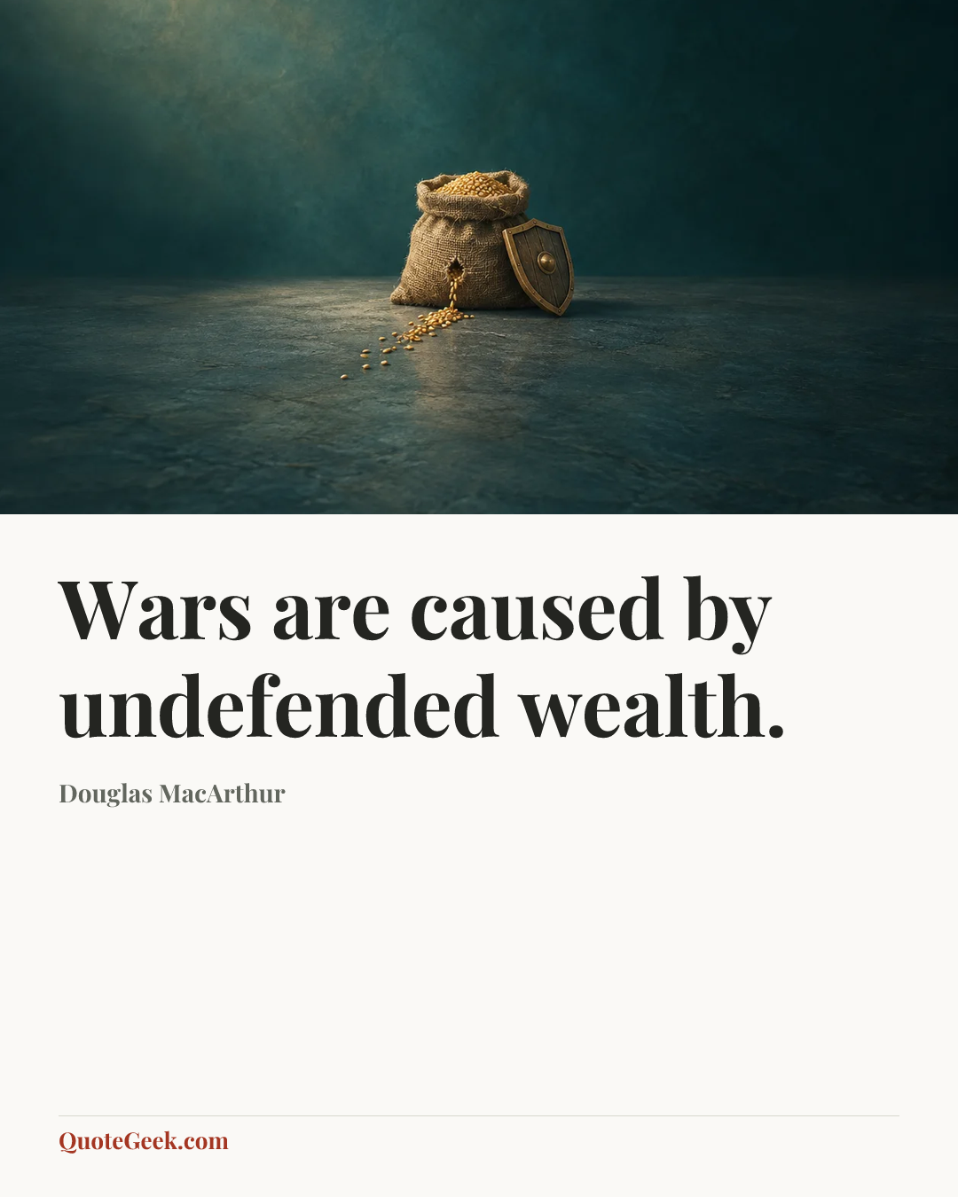 “Wars are caused by undefended wealth.” — Douglas MacArthur. Illustrated QuoteGeek card.