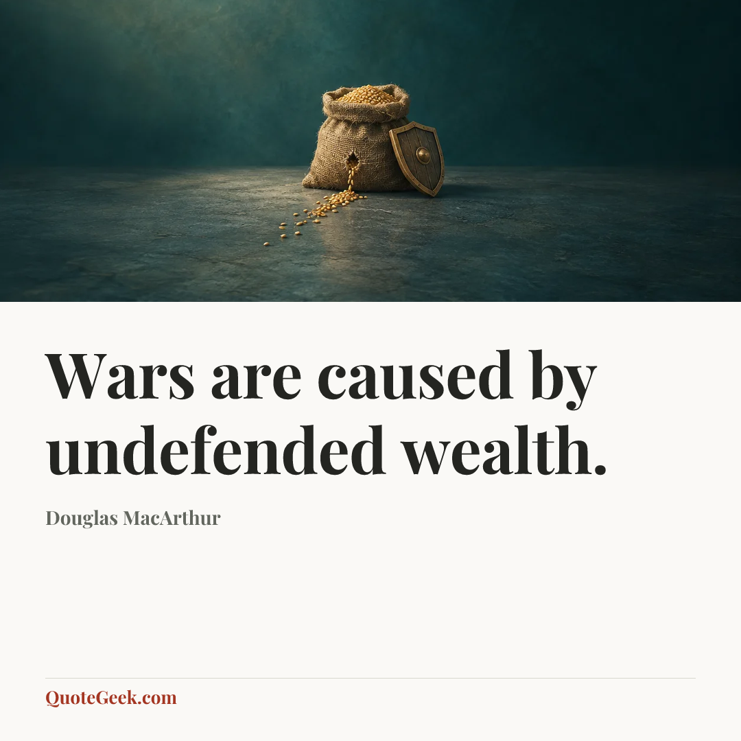 “Wars are caused by undefended wealth.” — Douglas MacArthur. Illustrated QuoteGeek card.
